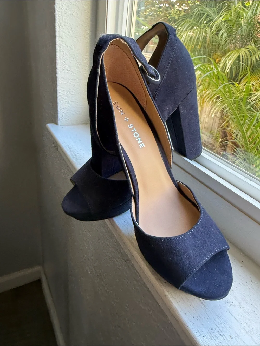 Nine West Navy Suede Peep-Toe Chunky Heel Sandals